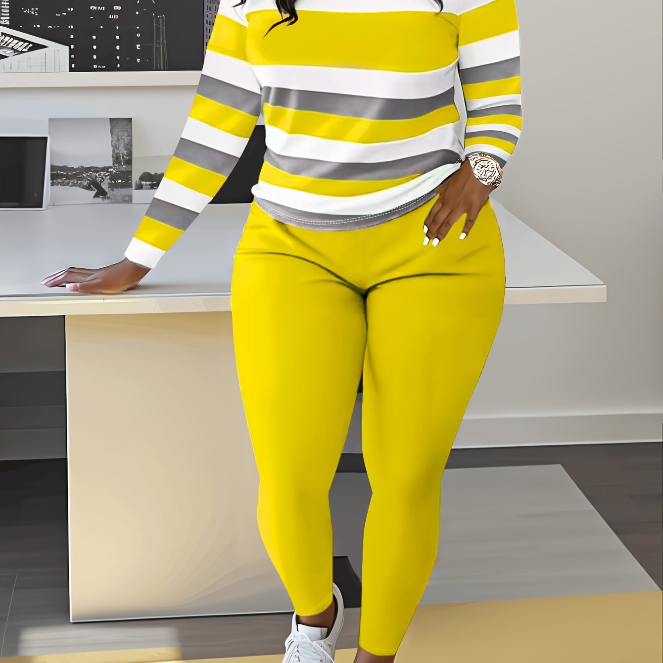 Slim Matching Two-piece Set, Casual Long Sleeve Crew Neck Striped Color Block T-shirt & Solid Elastic Waist Pants Outfits, Women's Clothing